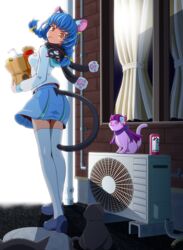  alley animal_ears animal_on_shoulder animalization bag bechamel blue_footwear blue_hair blue_skirt braid cat_ears cat_girl cat_tail curtains feline female food_in_mouth from_behind full_body highres holding holding_bag in-franchise_crossover kirakira_precure_a_la_mode kotozume_yukari looking_back mcdonald&#039;s miniskirt outdoors precure skirt star_twinkle_precure tail thighhighs thighs twin_braids uniform walking white_legwear yellow_eyes yuni_(precure) zettai_ryouiki 