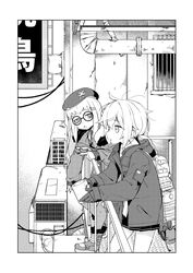  2girls against_railing air_conditioner backpack bag bags_under_eyes beret boots commentary_request cup girls&#039;_frontline glasses gloves greyscale hat jacket korean_commentary long_hair m200_(girls&#039;_frontline) messy_hair monochrome multiple_girls nail_polish nemoga open_mouth pointing ponytail railing round_eyewear skirt type_80_(girls&#039;_frontline) 