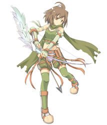  arrow_(projectile) belt boots bow_(weapon) breasts brown_belt cleavage closed_mouth commentary_request female fingerless_gloves full_body gloves green_gloves green_scarf green_shorts green_thighhighs green_tube_top holding holding_bow_(weapon) holding_weapon looking_at_viewer midriff pouch ragnarok_online ranger_(ragnarok_online) scarf shimotsuki_nozomi short_hair shorts simple_background small_breasts smile solo split_mouth strapless thighhighs tube_top weapon white_background 