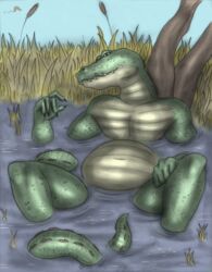  alligator alligatorid anthro belly conditional_dnp crocodilian grass hi_res male nude partially_submerged plant reptile scalie slightly_chubby solo teeth water whimsicalsquirrel 