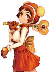  back_bow bow brown_eyes brown_gloves brown_hair cowboy_shot female from_side gloves gouketsuji_ichizoku hananokouji_kurara holding holding_wand hungry_clicker long_sleeves orange_skirt short_hair simple_background skirt smile solo wand white_background yellow_bow 