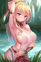  armlet armpits bare_hips bare_shoulders blonde_hair blush bracer breasts bright_pupils closed_mouth cowboy_shot day dress elf female gradient_hair large_breasts long_hair looking_away looking_down mizuya_nao multicolored_hair original outdoors pink_hair pointy_ears pond ponytail purple_eyes sideboob sidelocks sleeveless sleeveless_dress solo sparkle tree water white_dress 