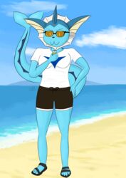  2022 absurd_res anthro beach beverage big_tail black_bottomwear black_clothing black_pants blue_body blue_skin bottomwear can clothing cloud container digital_drawing_(artwork) digital_media_(artwork) digital_painting_(artwork) eeveelution eyewear female footwear generation_1_pokemon glasses hi_res holding_beverage holding_can holding_container holding_object jn8163 landscape monster_energy nintendo orange-tinted_eyewear pants pokemon pokemon_(species) sand sandals sea seaside shaded shirt signature sky solo t-shirt tail topwear vaporeon water white_clothing white_shirt white_t-shirt white_topwear 