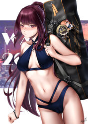  absurdres bag bikini blue_bikini blush breasts bullpup cameltoe carrying_bag collarbone criss-cross_halter female girls&#039;_frontline gun halterneck highres jewelry long_hair looking_at_viewer navel necklace purple_hair red_eyes rifle ring ring_necklace sniper_rifle solo springfield_(girls&#039;_frontline) swimsuit von.franken wa2000_(girls&#039;_frontline) walther walther_wa_2000 weapon 