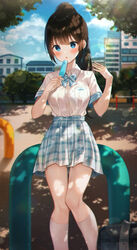  absurdres black_hair blue_eyes blue_skirt breast_pocket breasts collared_shirt day female food haneiro high-waist_skirt highres holding huion kneehighs long_hair looking_at_viewer medium_breasts miniskirt outdoors parted_lips plaid plaid_skirt playground pleated_skirt pocket ponytail popsicle school_uniform shirt shirt_tucked_in short_sleeves skirt socks solo summer tree_shade white_shirt white_socks yukinoshita_yukino 