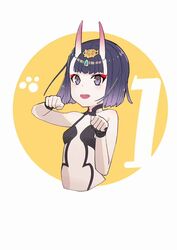  :d breasts dan_evan diadem fate/grand_order fate_(series) female hands_up highres looking_at_viewer oerba_yun_fang open_mouth paw_pose paw_print protected_link purple_eyes purple_hair short_hair shuten_douji_(fate) small_breasts smile solo upper_body wristband yellow_background 