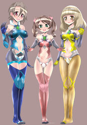  3girls andou_kuriyo ass_visible_through_thighs bare_shoulders blonde_hair blush bodysuit breasts brown_hair clothing_cutout green_eyes highres hinoki_(neko_irazu) itaba_yumi large_breasts legs_together leotard long_hair looking_at_viewer mechvaranus medium_breasts multiple_girls navel navel_cutout red_eyes senki_zesshou_symphogear senki_zesshou_symphogear_xd_unlimited shiny_skin short_hair simple_background standing stomach terashima_shiori thigh_gap thighhighs 