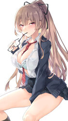  azur_lane between_breasts biting black_socks blush bra breasts brown_hair cardigan cleavage commentary_request female glasses green_bra hair_ribbon highres holding holding_removed_eyewear large_breasts long_hair long_sleeves looking_at_viewer mole mole_under_mouth necktie necktie_between_breasts neko_ni_mieru official_alternate_costume open_clothes open_shirt plaid plaid_skirt ponytail red_eyes ribbon semi-rimless_eyewear simple_background sitting skirt socks solo swiftsure_(azur_lane) swiftsure_(study_hall_cyclamen)_(azur_lane) under-rim_eyewear underwear unworn_eyewear 