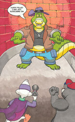  2023 absurd_res alligator alligatorid anthro avian baloo bear biped bottomwear brok_(brok_the_investigator) brok_the_investigator cape clothing cornered cowcat_games crocodilian darkwing_duck detailed_background dialogue disney drake_mallard ducktales english_text fivespot green_body grey_body group hat headgear headwear hi_res humanoid_hands male mammal pants reptile scalie shirt sloth_bear talespin text the_jungle_book topwear ursine weapon worried 