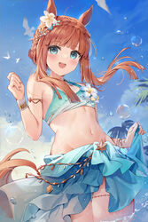  animal_ears armlet bare_shoulders bikini bikini_skirt blue_bikini blue_eyes blue_sarong blue_sky blunt_bangs blunt_ends bracelet braid breasts commentary_request cowboy_shot crown_braid day female flower frilled_bikini frills groin hair_flower hair_ornament highres horse_ears horse_girl jewelry kita_(kitairoha) looking_at_viewer medium_hair navel official_alternate_costume official_alternate_hairstyle open_mouth orange_hair outdoors palm_leaf palm_tree ribs sarong sarong_hold signature silence_suzuka_(emerald_on_the_waves)_(umamusume) silence_suzuka_(umamusume) sky small_breasts smile solo stomach swimsuit tareme tree umamusume wading water 