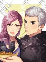  1boy blue_eyes crumbs earrings eating eyeshadow female food grey_eyes han_joon-gi holding holding_food jacket jewelry leather leather_jacket lipstick makeup mutarou_(mu) purple_hair ryuu_ga_gotoku_(series) ryuu_ga_gotoku_7 seonhee stud_earrings takoyaki toothpick white_hair 