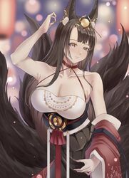  akagi_(azur_lane) akagi_(dawn_phoenix&#039;s_summons)_(azur_lane) animal_ear_fluff animal_ears azur_lane blurry blurry_background breasts brown_dress brown_tail choker cleavage dress female fox_ears gold hair_ornament highres japanese_clothes kimono kitsune kyuubi long_hair looking_at_viewer multiple_tails official_alternate_costume orange_eyes red_choker red_kimono syu.mu tail 