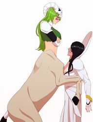  1boy absurdres against_wall armor arrancar assertive_female black_hair bleach breasts centaur closed_mouth commentary crop_top crop_top_overhang elbow_pads facial_mark female foot_kabedon green_hair green_shirt hair_between_eyes hand_on_wall highres horns horse_tail invisible_wall kabedon long_hair long_sleeves looking_at_another medium_breasts monster_girl multiple_legs nelliel_tu_odelschwanck nnoitra_gilga rearing shirt shoulder_armor simple_background skull skull_on_head standing tail taur teeth torn_clothes torn_shirt tsukizawr white_background white_shirt yellow_eyes 