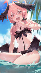  artist_name bikini black_bikini black_bow black_wings blue_archive bow breasts commentary_request double-parted_bangs feathered_wings female floral_print front-tie_bikini_top front-tie_top hair_between_eyes hair_over_shoulder hairbow halo head_wings highres koharu_(blue_archive) koharu_(swimsuit)_(blue_archive) long_hair looking_at_viewer low_twintails low_wings navel official_alternate_costume open_mouth outdoors palm_tree pink_eyes pink_hair pink_halo print_bikini sitting small_breasts solo swimsuit teeth tree tsuiru twintails twitter_username upper_teeth_only water wet wings 