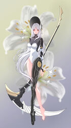  absurdres arm_at_side bare_legs barefoot black_bodysuit bodysuit bonnet female flower grey_hair haicma:_starveil_(punishing:_gray_raven) haicma_(punishing:_gray_raven) highres holding holding_scythe lilacyam lily_(flower) long_hair looking_at_viewer mechanical_legs orange_eyes parted_lips punishing:_gray_raven scythe single_mechanical_leg solo very_long_hair white_bodysuit white_headwear 