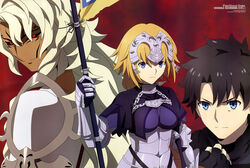  2boys absurdres aqua_inc. black_hair black_sclera blonde_hair clenched_hand colored_sclera copyright_name fate/grand_order fate_(series) female fingerless_gloves fujimaru_ritsuka_(male) furrowed_brow gloves highres jeanne_d&#039;arc_(fate) jeanne_d&#039;arc_(ruler)_(fate) looking_at_viewer magazine_scan multiple_boys newtype official_art red_background red_eyes scan solomon_(fate) white_hair 