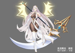  absurdres bare_shoulders blue_gemstone bodystocking boots breasts breasts_apart center_opening covered_nipples elbow_gloves epic_seven female full_body gem gloves glowing glowing_wings gold_trim grey_background high_heel_boots high_heels highres holding holding_polearm holding_weapon huge_breasts judge_kise_(epic_seven) long_hair looking_at_viewer official_alternate_costume pelvic_curtain polearm shuiruoqing simple_background solo thigh_boots very_long_hair weapon white_footwear white_gloves white_hair wings yellow_eyes 