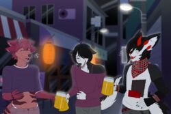  3:2 alcohol anthro beer beverage canid canine canis chimera city dark domestic_dog femboy group hand_on_hip hi_res holding_belly husky hybrid izanagi keow laugh male mammal night nordic_sled_dog outside rivey_ravenheart sorubaphomet spitz 