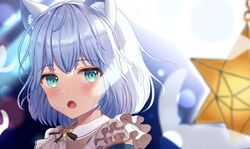  amai_melo animal_ears backlighting bang_dream! black_ribbon blue_eyes blurry blurry_background blurry_foreground blush cat_ears cat_girl commentary dot_nose female frills kurata_mashiro looking_at_viewer morfonica oerba_yun_fang open_mouth portrait ribbon short_hair small_stellated_dodecahedron solo symbol-only_commentary white_hair 