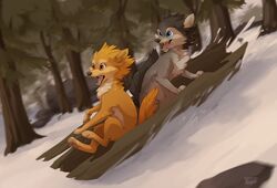  2018 4_toes alpha_and_omega black_hair blue_eyes brown_eyes canid canine canis crest_animation_studios day detailed_background digital_media_(artwork) feet female feral forest hair hi_res humphrey kate_(alpha_and_omega) male mammal open_mouth outside pawpads plant reysi smile snow teeth toes tongue tree wolf 