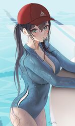  adidas baseball_cap black_hair blush bodysuit breasts cleavage covered_navel diving_suit female green_eyes hat highres large_breasts long_hair looking_at_viewer mouth_hold myabit original solo springsuit swimsuit twintails water wet wet_clothes wet_hair wet_swimsuit wetsuit whistle whistle_around_neck 