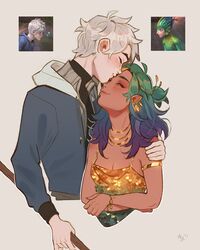  1boy aleikats animification armlet blue_hair bracelet breasts closed_eyes dark-skinned_female dark_skin earrings english_commentary female gold_necklace gradient_hair green_hair highres holding holding_polearm holding_weapon hood hoodie humanization jack_frost_(rise_of_the_guardians) jewelry kissing kissing_forehead long_sleeves medium_breasts medium_hair multicolored_hair necklace photo-referenced pointy_ears polearm purple_hair rise_of_the_guardians short_hair straight toothiana_(rise_of_the_guardians) weapon white_background white_hair 