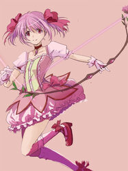  bow bow_(weapon) bubble_skirt choker commentary_request female gloves hairbow kaname_madoka kaname_madoka_(magical_girl) kneehighs magical_girl mahou_shoujo_madoka_magica mahou_shoujo_madoka_magica_(anime) pink_background pink_eyes pink_hair red_bow ribbon short_hair short_twintails simple_background skirt socks solo tanbonota twintails weapon white_gloves white_socks 