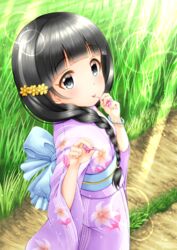  back_bow black_hair blue_bow blush bow braid check_commentary closed_mouth commentary_request dress female floral_print flower grass hair_flower hair_ornament hair_over_shoulder highres idolmaster idolmaster_cinderella_girls japanese_clothes kimono lens_flare long_hair long_sleeves looking_at_viewer obi outdoors print_kimono purple_kimono regular_mow revision road sash side_braid single_braid smile solo standing sunlight tongue tongue_out ujiie_mutsumi very_long_hair wide_sleeves yellow_flower 