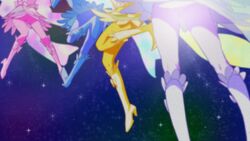  4girls cure_fortune cure_fortune_(innocent_form) cure_honey cure_honey_(innocent_form) cure_lovely cure_lovely_(innocent_form) cure_princess cure_princess_(innocent_form) happinesscharge_precure! haruyama_kazunori legs magical_girl multiple_girls precure skirt space star_(sky) 