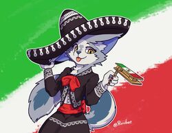  2019 alternate_version_at_source anthro blep clothed clothing digital_media_(artwork) domestic_cat felid feline felis female fully_clothed fur grey_body grey_fur hat headgear headwear holding_object kelly_(ruribec) mammal mariachi mariachi_suit mexican_flag mexico musical_instrument noisemaker percussion_instrument ratchet_(musical_instrument) ruribec signature solo somali_cat tongue tongue_out yellow_eyes 