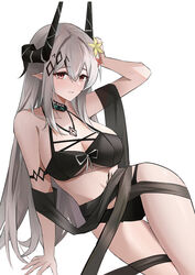  absurdres arknights arm_support arm_up armlet bare_shoulders bikini black_bikini black_horns breasts chinese_commentary cleavage collar commentary_request female flower grey_hair hai_binggan hair_between_eyes hair_flower hair_ornament highres horns infection_monitor_(arknights) jewelry large_breasts long_hair looking_at_viewer material_growth mudrock_(arknights) mudrock_(silent_night)_(arknights) necklace official_alternate_costume oripathy_lesion_(arknights) parted_lips pointy_ears reclining red_eyes sidelocks smile solo swimsuit thigh_gap very_long_hair yellow_flower 