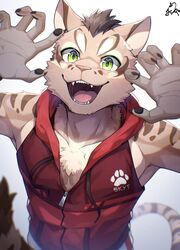  2022 5_fingers anthro bottomwear clothing countershading deity felid feline fingers front_view green_eyes hi_res hoodie jacket jacket_vest jumpscare leopard_cat male mammal nekojishi open_mouth open_smile palms ponzu_tas prionailurus red_clothing red_hoodie red_jacket red_jacket_vest red_topwear red_vest shorts shu-chi signature simple_background smile snout solo studio_klondike teeth topwear vest white_background white_bottomwear white_clothing white_shorts wishbone_mouth 