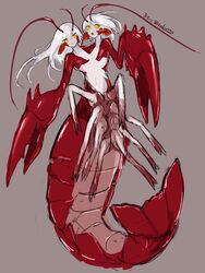  2girls antennae arthropod_girl arthropod_limbs closed_mouth conjoined full_body grey_background highres lobster lobster_girl looking_at_viewer monster_girl multiple_girls multiple_heads open_mouth original ruteko_(ruko220) simple_background taur 