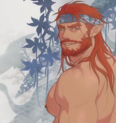  1boy bara beard chest_hair dogandclover facial_hair hairy headband highres large_pectorals long_hair male_focus manboobs mature_male muscular muscular_male nipples original pectorals plant pointy_ears red_hair ryuhi_(hrb93718) smile solo topless_male upper_body yellow_eyes 