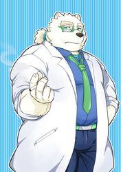  2020 anthro bear blue_eyes bottomwear bulge clothing eyewear fur glasses hi_res humanoid_hands kemono leib_(tas) lifewonders male mammal necktie overweight overweight_anthro overweight_male pants polar_bear shirt solo srw225we tokyo_afterschool_summoners topwear ursine white_body white_fur 