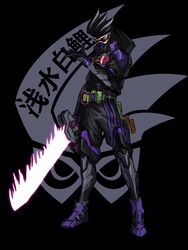  1boy 3ok absurdres armor belt black_hair gamer_driver gashacon_breaker highres kamen_rider kamen_rider_ex-aid_(series) kamen_rider_genm male_focus mighty_action_x_level_2 purple_footwear red_eyes shoes solo spiked_hair tokusatsu 