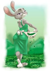  2020 3_toes akiric anthro apron ass backless_clothing backless_dress barefoot border butt_pose clothed clothing clover_(plant) countershade_feet countershading disney dress feet female grass green_clothing green_dress half-closed_eyes hi_res judy_hopps lagomorph leporid looking_at_viewer looking_back mammal narrowed_eyes outside plant plantigrade pose purple_eyes rabbit rear_view scut_tail short_tail shrub soles solo standing tail toes white_border zootopia 