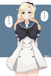  absurdres arm_behind_back beret blonde_hair blue_eyes blush collarbone commentary_request cosplay dress female hair_between_eyes hat highres hornet_(kancolle) jervis_(kancolle) jervis_(kancolle)_(cosplay) kantai_collection long_hair noruren puffy_short_sleeves puffy_sleeves sailor_collar sailor_dress short_sleeves signature solo speech_bubble translated 