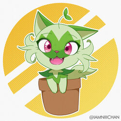  1:1 absurd_res ambiguous_gender fangs feral generation_9_pokemon hi_res iamniiichan leaf leaf_hair looking_at_viewer mammal nintendo open_mouth plant plant_hair plant_pot pokemon pokemon_(species) pseudo_hair red_eyes smile smiling_at_viewer solo sprigatito sprout_(plant) sprout_hair teeth text 