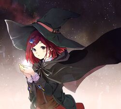  :o bad_id bad_twitter_id black_cape black_hat blush brown_shirt cape commentary danganronpa_(series) danganronpa_v3:_killing_harmony female galaxy hair_ornament hat hat_ribbon jingle_(mhb729) looking_at_viewer outdoors parted_lips pink_ribbon red_hair red_skirt ribbon shirt short_hair skirt solo star_(sky) witch_hat yellow_eyes yumeno_himiko 