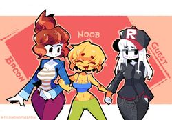  3girls :d :| ^_^ bacon_(roblox) black_headwear blonde_hair blush breasts closed_eyes closed_mouth colored_skin commentary denim english_commentary english_text green_pants grey_pants groin guest_(roblox) hand_in_pocket hat humanization jaggy_lines jeans large_breasts locked_arms long_sleeves looking_at_another looking_to_the_side medium_breasts multicolored_background multiple_girls noob_(roblox) o-ring o-ring_top open_mouth pants purple_pants red_hair redmondalizarin roblox rule_63 shirt shy sideways_glance smile split_mouth striped_clothes striped_shirt thick_eyebrows twitter_username white_hair white_skin yellow_skin 