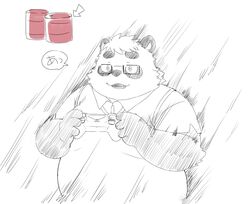  2022 anthro bear belly biped clothing controller eyewear game_controller giant_panda glasses humanoid_hands inunoshippo kemono mammal overweight sasayama_akira shirt solo topwear vtuber 