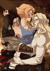  2males alucard_(castlevania) arm_gloves bisexual bisexual_male bishonen bracers castlevania castlevania_(netflix) dhampir fangs happy long_hair long_hair_male love mmf ot3 pointy_ears polyamory purpledngnoodle romantic sandwiched scar_across_eye scars short_hair sypha_belnades tender throuple trevor_belmont twunk vampire wholesome 