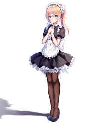  absurdres alternate_costume apron bad_id bad_pixiv_id blonde_hair blush breasts dress enmaided female frilled_dress frills green_eyes hand_on_own_chest high_heels highres maid maid_headdress original pantyhose petticoat ponytail pumps shadow sleeveless sleeveless_dress small_breasts solo standing white_background yuye 