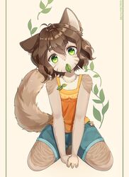  :&lt; animal_ears antenna_hair artist_name bare_shoulders barefoot blue_shorts body_fur brown_background brown_hair cat_ears cat_girl cat_tail claws closed_mouth commentary denim denim_shorts english_commentary facial_mark faux_japanese faux_text female flat_chest flower full_body furry furry_female green_eyes head_tilt highres kneeling leaf looking_at_viewer methynecros mouth_hold orange_shirt original own_hands_together pink_flower pocket shirt short_hair short_shorts shorts sidelocks simple_background sleeveless sleeveless_shirt solo spread_legs straight-on tail thick_eyebrows v_arms watermark whisker_markings white_flower 