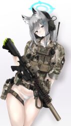  alternate_costume american_flag animal_ear_fluff animal_ears assault_rifle belt blue_archive blue_eyes bulletproof_vest camouflage chest_rig combat_shirt commentary ear_protection eotech expressionless female fte_(fifteen_199) gun hair_between_eyes halo handgun head_tilt headset highres holding holding_gun holding_weapon holster holstered laser_sight looking_at_viewer m4_carbine magazine_(weapon) medium_hair microphone military military_uniform mk_18_carbine no_pants optical_sight panties patch radio radio_antenna rifle shiroko_(blue_archive) sidelocks simple_background sleeves_rolled_up solo stomach suppressor thigh_holster thighs underwear uniform weapon white_background white_hair white_panties wolf_ears wolf_girl woodland_camouflage 