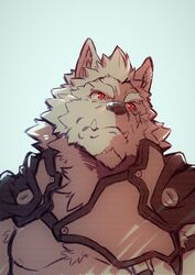  absurd_res anthro armor canid canine canis chest_tuft facial_hair fangs fur hair half-length_portrait heylaw21 hi_res lifewonders male mammal marchosias_(tas) portrait red_eyes simple_background solo teeth tokyo_afterschool_summoners tuft wolf 