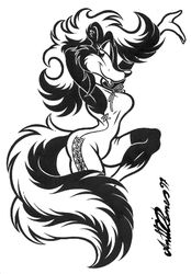  1997 anthro antti_remes bedroom_eyes black_and_white clothing curvy_figure female fluffy fluffy_tail mammal mephitid monochrome narrowed_eyes pose seductive skunk solo tail toony traditional_media_(artwork) 