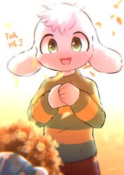  absurd_res anthro asriel_dreemurr bottomwear bouquet bovid caprine clothing english_text flower fur goat green_eyes hands_together happy hi_res kawa_(artist) male mammal monster open_mouth phone_wallpaper plant shirt shorts solo text topwear undertale undertale_(series) white_body white_fur young young_anthro young_male 