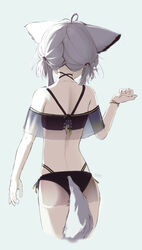  ahoge animal_ears arknights ass back bikini black_bikini bracelet facing_away female fox_ears fox_girl fox_tail from_behind grey_background grey_hair highres jewelry off-shoulder_bikini off_shoulder official_alternate_costume short_twintails solo sussurro_(arknights) sussurro_(summer_flower)_(arknights) swimsuit tail timitarcat twintails 